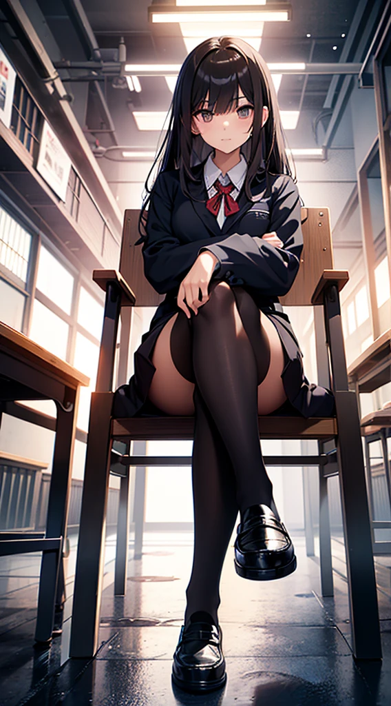 A Japanese young school girl in a uniform wearing black pantyhose and loafers sits with her legs crossed. legs are coming towards you, detailed legs towering over you, with a contemptuous look, Portrait of a young school girl