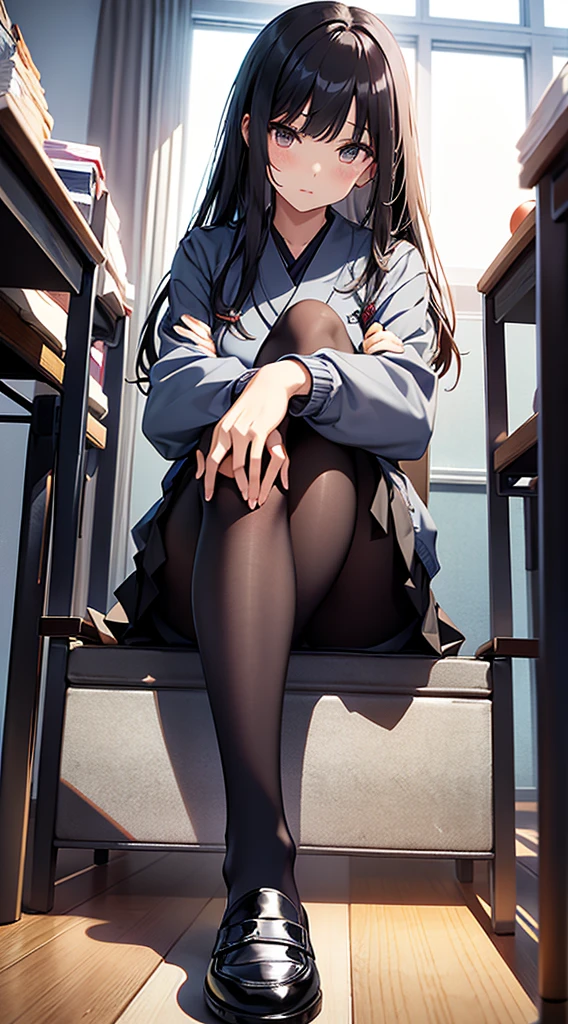 A Japanese young school girl in a uniform wearing black pantyhose and loafers sits with her legs crossed. legs are coming towards you, detailed legs towering over you, with a contemptuous look, Portrait of a young school girl 15
