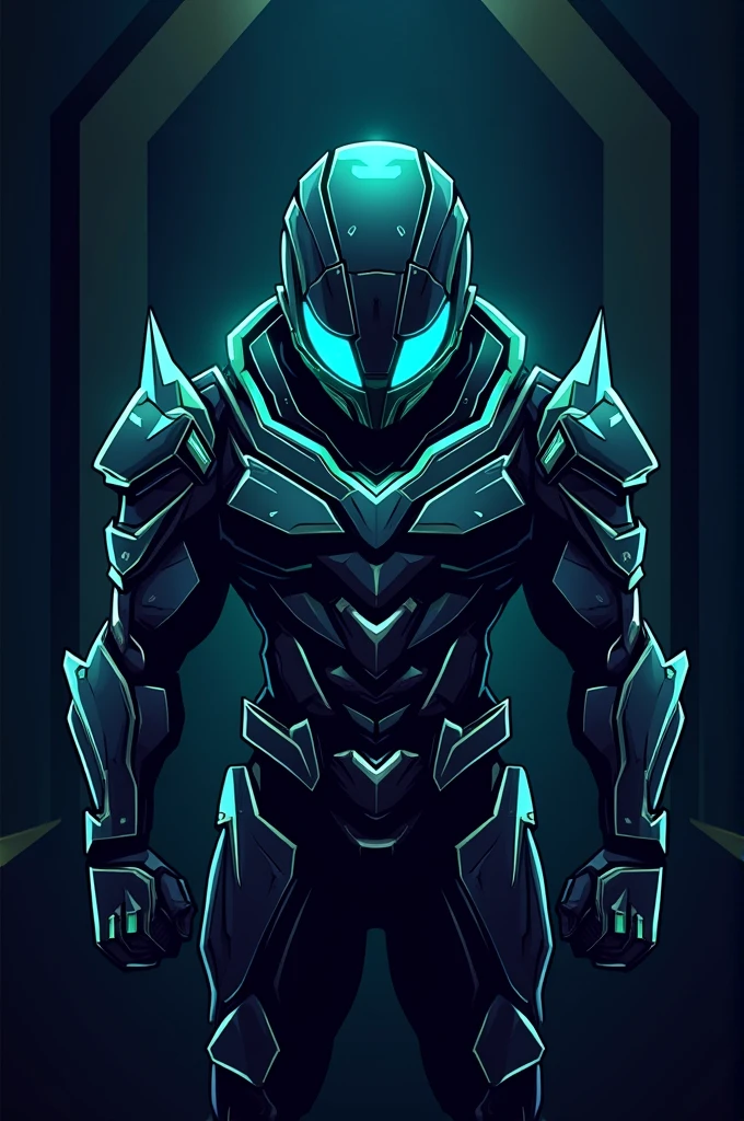 "Create a gaming logo featuring a cyber warrior with glowing neon accents and a sleek helmet. The character should be futuristic, with angular armor and a powerful stance. Use dark tones with electric blue and neon green highlights. The logo should be sharp, with high contrast and a dynamic, tech-inspired aesthetic."