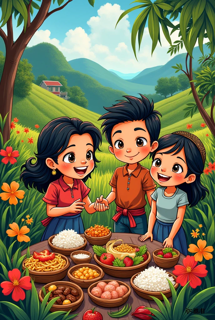The style of drawing for the doodle art concept you provided would be intricate and detailed, with a mix of whimsical and cultural elements. It should have a hand-drawn feel, incorporating intricate patterns and textures to bring out the warmth and joy represented by the Filipino values. The characters should be expressive and engaging, while the surroundings like rice fields, flowers, and food should be vibrant and colorful. The overall style should evoke a sense of community, tradition, and celebration.