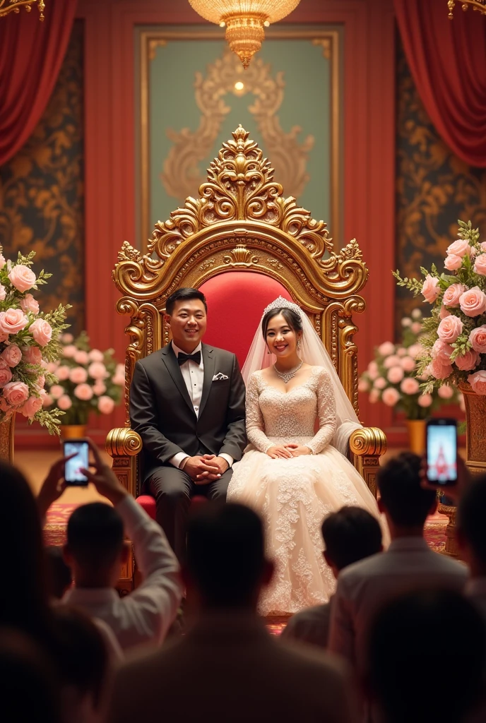 The bride and groom sit on the wedding throne , Many guests were present to take pictures of the bride and groom using their phones, ganggu photographer perkahwinan . 