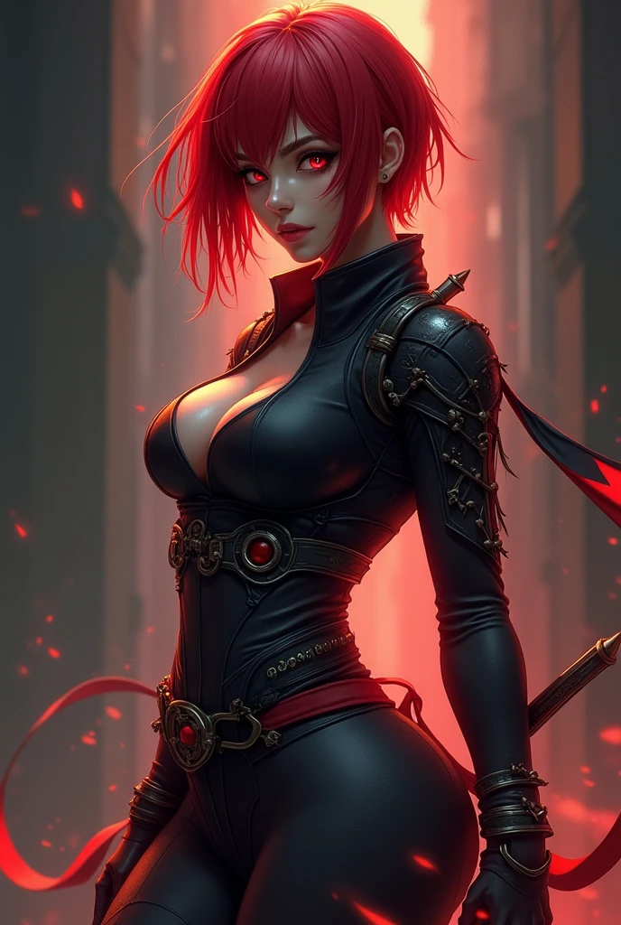 Short red hair woman with red eyes with curvy waist and big thighs and big butt wearing sexy ninja clothes