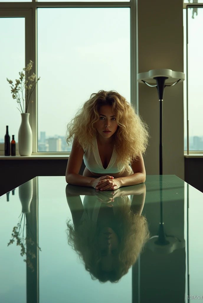 A dramatic photograph captures a woman with voluminous, curly blonde hair in a dynamic pose on a reflective glass table. The woman, positioned centrally, is leaning forward with intense focus, her hands and feet on the table surface. Her long, wavy blonde hair cascades around her shoulders, adding texture to the scene. She wears a dark sleeveless top and a black bracelet on her right wrist. The glass table extends across the foreground, its polished surface creating a mirror-like effect that perfectly reflects the woman and the surrounding environment. The background features large rectangular windows with four panes each, divided by thin metallic frames. These windows allow natural light to flood the room, creating soft shadows and highlights. A white vase with a single delicate flower and two dark bottles are placed on a window sill to the left. On the far left, there's a modern floor lamp with a tall, cylindrical base featuring alternating dark and light brown vertical stripes, topped with a white rectangular lampshade. A partially open window on the far right reveals a cityscape. The wall behind the windows is painted in a muted olive green color. The overall mood is intense and dramatic, enhanced by the high contrast between the bright light from the windows and the darker elements of the scene. The color palette includes shades of beige, white, gray, and black, with hints of green, contributing to the balanced and moderate brightness of the image. In the bottom right corner, the text 'palladia' is visible in light gray, bold sans-serif font, adding a watermark effect to the composition.