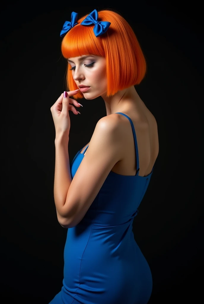 naughty sexy fashion girl, professional, portrait photography, studio light from above and backlight from behind the head, cutie (Sharp Focus:1.3), very detailed, beautiful detailed face, orange hair bob hairstyle, There are two small blue bows on her head, eyes closed, as if enjoying the sound, --Detailing, whole body, a lot of femininity, Blue dress, Tempting, Dazzling, Black background