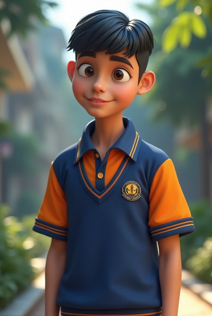 describe a man, aged , with SMKN 26 Jakarta school wearpack blue orange, school background with black French Crop hair style, warna kulit sawo matang tinggi 164cm dan ras melayu 3d
