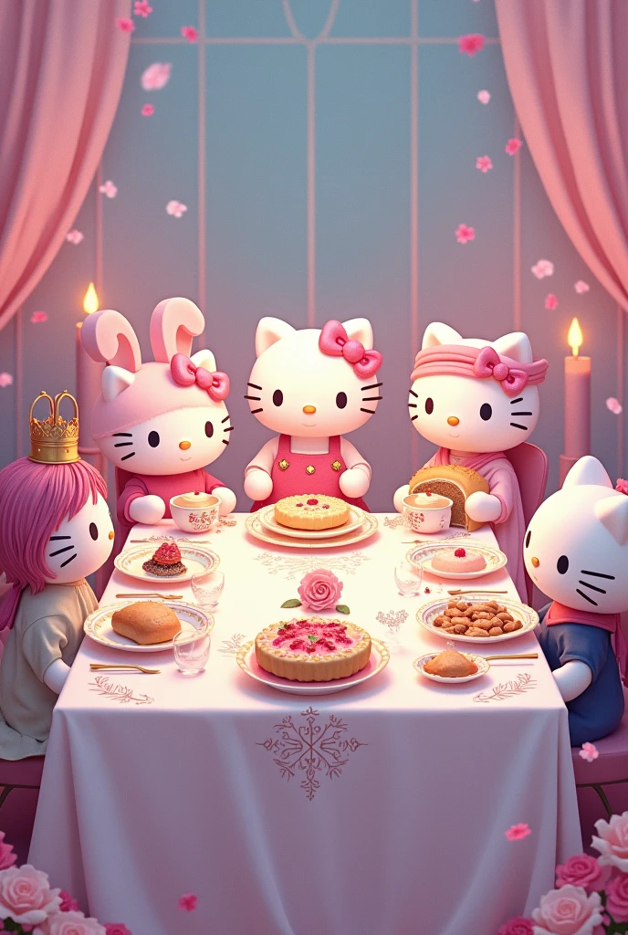 Generate an image of the Last Supper,but instead of Jesus and his apostles, that Hello Kitty and her friends are here, It is essential that Pompompurin is. Let everything be beautiful and aesthetic,in pastel tones but with contrast,like dreamcore,but let it be the last supper 