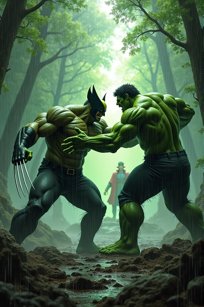 Generate me the wolverine vs the hulk background in forest contain with raining and doctor strange open the portal behind the fight