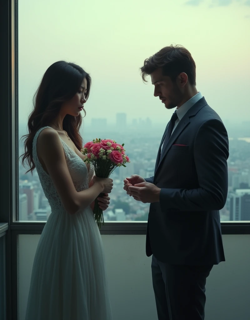 "Create an image of a visibly disappointed man., With a sad look, On the other hand, the woman in front has her arms crossed and a serious expression on her face., Indicates that she rejected him. They are on the terrace of a high-rise building., And the man is holding a bouquet of flowers in his hand., I'm holding it hesitantly, Show him that he just got rejected.
I want to make him cry