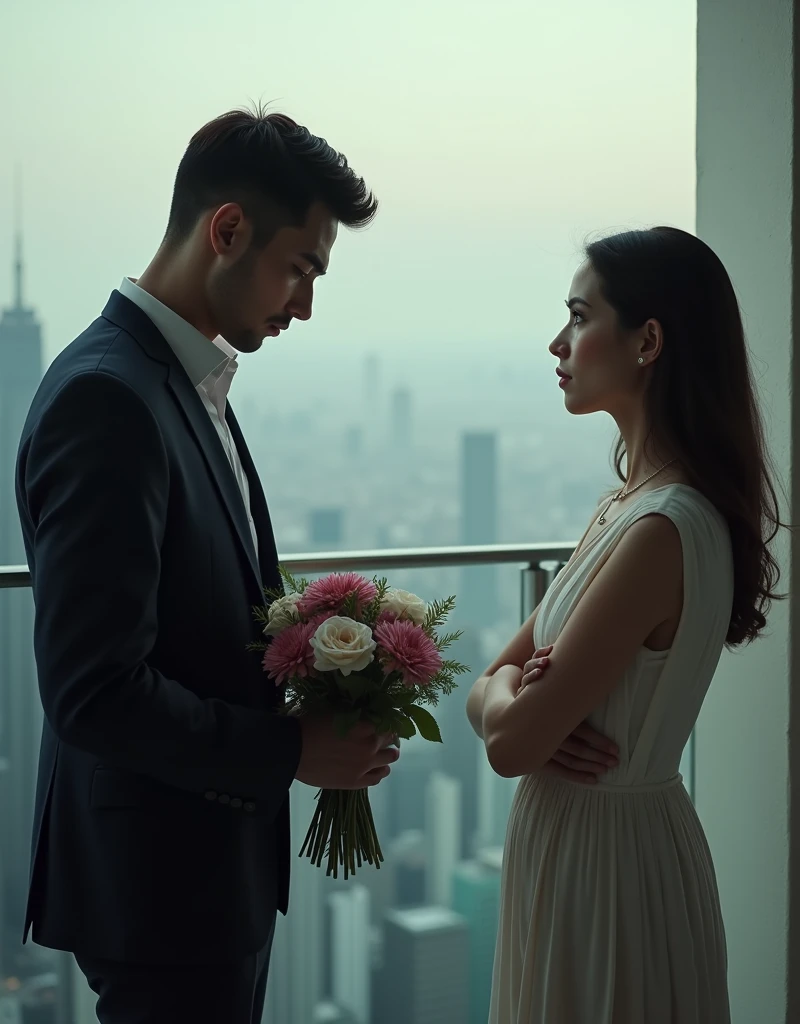"Create an image of a visibly disappointed man., With a sad look, On the other hand, the woman in front has her arms crossed and a serious expression on her face., Indicates that she rejected him. They are on the terrace of a high-rise building., And the man is holding a bouquet of flowers in his hand., I'm holding it hesitantly, Show him that he just got rejected.
I want to make him cry