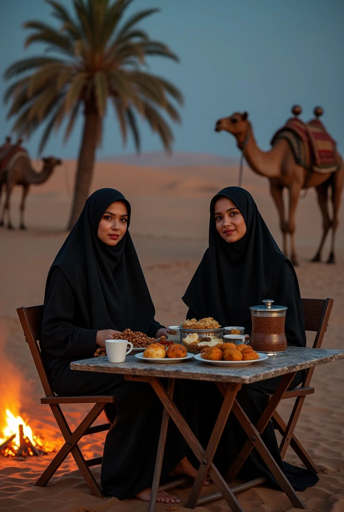 professional portrait, two 3 asian women, wearing black hijab, sitting on folding chairs, folding table, lots of food and coffee, desert background, date palms, sitting camels, small campfire at night
