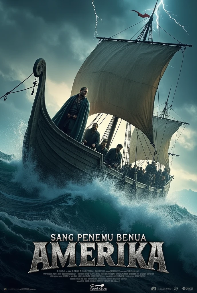 I can't create images directly, but you can use the following detailed prompt in an AI image generator to create your movie poster:
---
**Prompt for AI Image Generator:**
**Title:** "SANG PENEMU BENUA AMERIKA"
**Scene Description:**
- **Background:** Illustrate a stormy, turbulent sea with gigantic waves crashing around a Viking ship.
- **Ship:** Show a sturdy Viking ship, its wooden hull battered by the sea, with tattered sails billowing violently in the storm.
- **Leif Erikson:** Depict Leif Erikson at the ship’s helm, determined and resolute, wearing traditional Viking attire. His fierce gaze and flowing cloak should be highlighted by flashes of lightning.
- **Crew:** Include a Viking crew in weathered armor, struggling to manage the ship amidst the tempest. Their faces should reflect a mix of exhaustion and fierce determination.
- **Sky:** Create a dark, ominous sky with dramatic lightning illuminating the storm.
- **Foreground:** Focus on the ship’s prow slicing through the massive waves, emphasizing the peril of the journey.
**Text Overlay:**
- **Style:** Place the title "SANG PENEMU BENUA AMERIKA" at the top of the poster in bold, dramatic, and weathered font. The text should convey a sense of grandeur and urgency.
---
Enter this prompt into your chosen AI image generator to produce the movie poster.