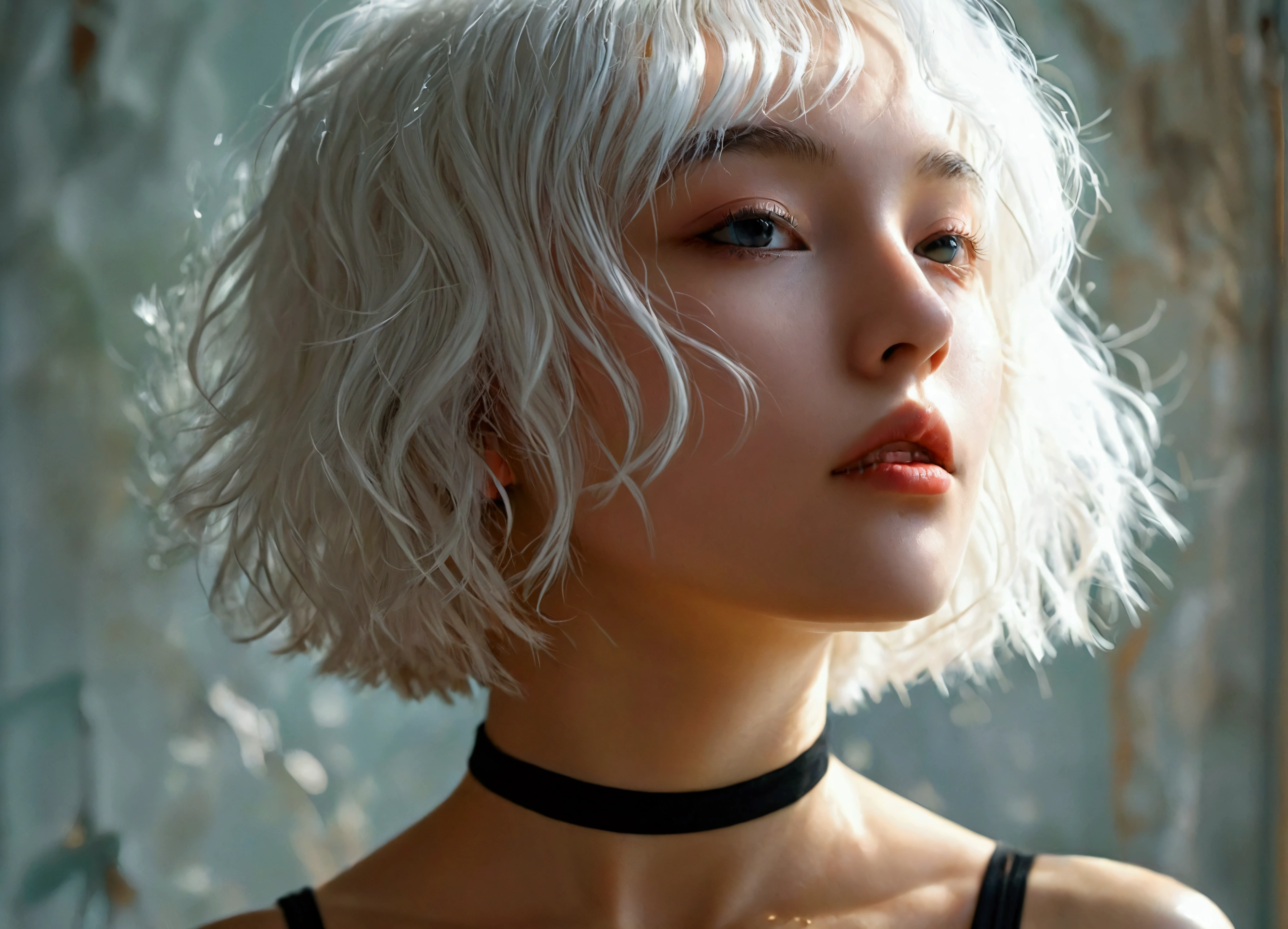 Wearing a black bodysuit、A girl with short, unkempt bob hair、Pure white hair、Put both palms forward。