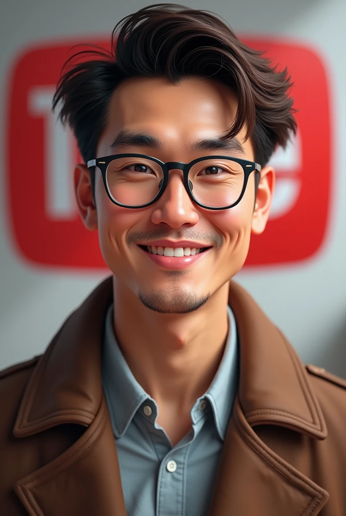 ((Highest quality)), ((masterpiece)), (detailed), One man,Brown Hair,youtuber,Asian,Glasses,mash,middle aged,YouTube mark on background