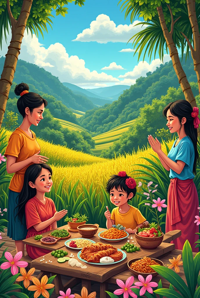 The style of drawing for the doodle art concept you provided would be intricate and detailed, with a mix of whimsical and cultural elements. It should have a hand-drawn feel, incorporating intricate patterns and textures to bring out the warmth and joy represented by the Filipino values. The characters should be expressive and engaging, while the surroundings like rice fields, flowers, and food should be vibrant and colorful. The overall style should evoke a sense of community, tradition, and celebration.