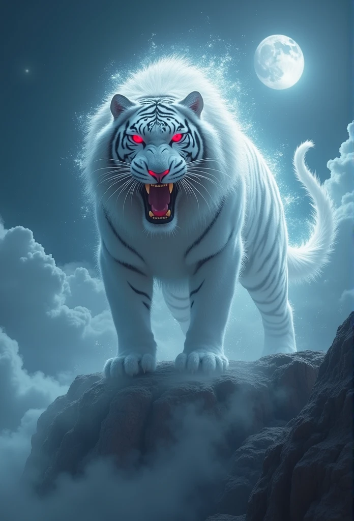 Chinese style，Chinese mythology，White Tiger，cough，intense，Huge，Very long canines, Eyes glow red，Luminous effect，High Hill，clouds，It&#39;s night，Medium shot scenes，As a whole body， Highly detailed surreal VFX，OC Rendering， - AR16:9 --q 2 --s 1000