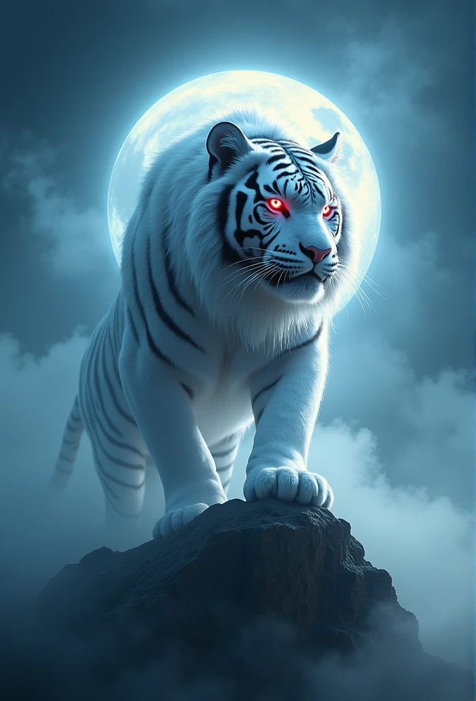Chinese style,Chinese mythology,White Tiger,cough,intense,Huge,Very long canines, Eyes glow red,Luminous effect,High Hill,clouds,It's night,Medium shot scenes,As a whole body, Highly detailed surreal VFX,OC Rendering, - AR16:9 --q 2 --s 1000