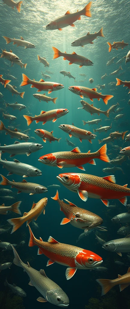 hundred trout fish, in one big picture means completeness,endless pattern,super detailed photography, award-winning,masterpiece,epic,Realism,4K