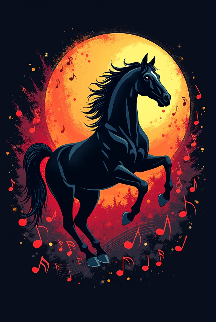 "Design a logo for an equine-themed music band. Incorporate elements that blend horses and music, such as a horse silhouette combined with musical notes or instruments. Use bold, vibrant colors to ensure the design is eye-catching and memorable. The style should be dynamic and energetic, capturing the essence of both equine and musical elements."