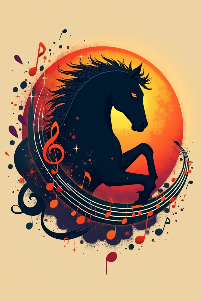 "Design a logo for an equine-themed music band. Incorporate elements that blend horses and music, such as a horse silhouette combined with musical notes or instruments. Use bold, vibrant colors to ensure the design is eye-catching and memorable. The style should be dynamic and energetic, capturing the essence of both equine and musical elements."