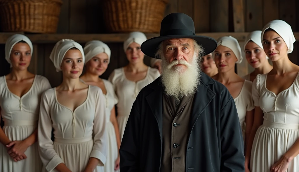 An elderly man dressed in traditional Amish attire, standing in front of several young (beautiful, large-breasted) women ((in white lingerie) ((white European maid's headdress))
The man has a long white beard and is wearing a dark hat and coat.
The setting is a traditional-style room, suggested by the wicker baskets and wooden furniture in the background. a reenactment or depiction of an important ceremony.