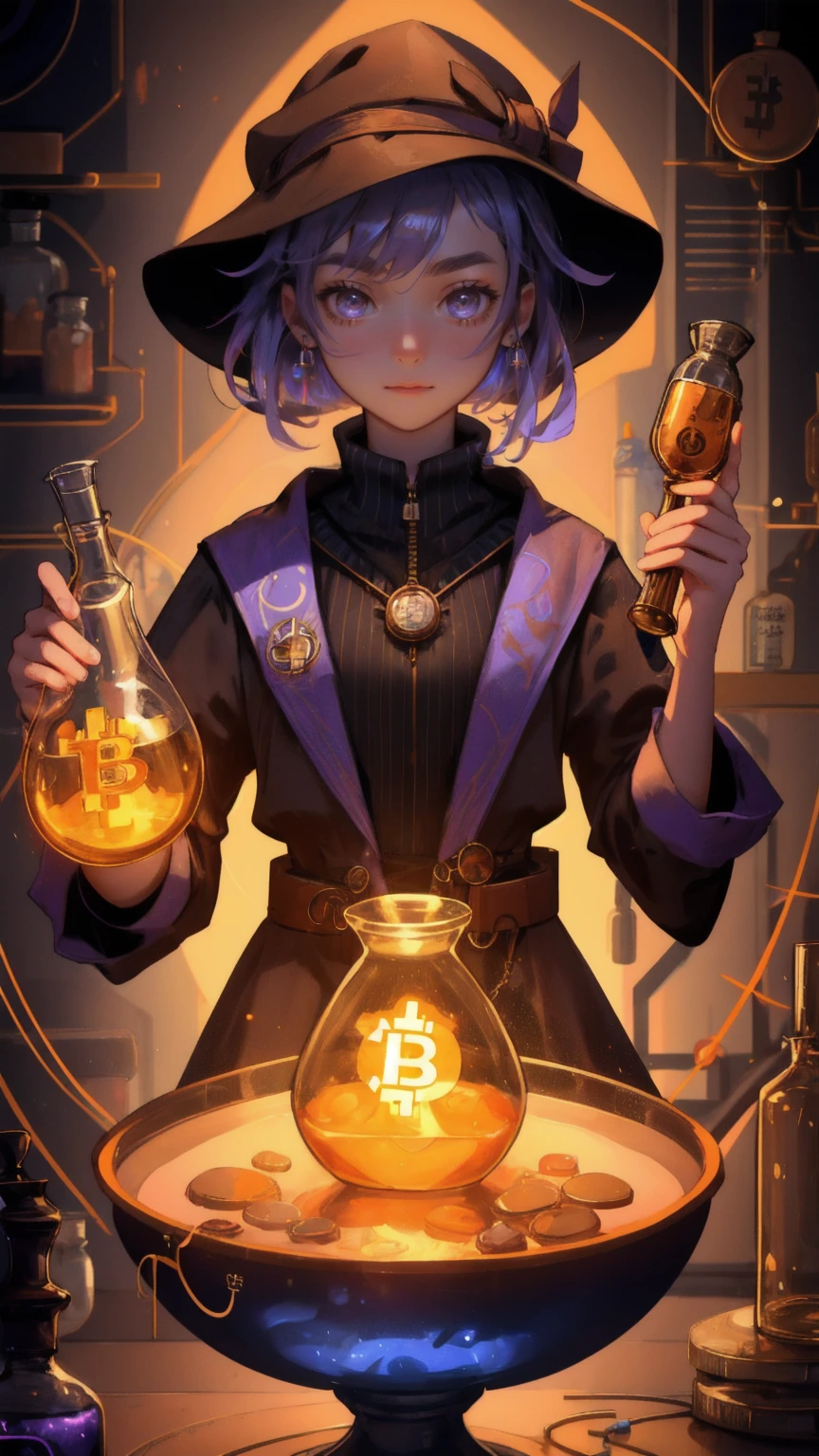 A quirky girl alchemist, immersed in the art of 'Altcoin Alchemy,' working in a cluttered laboratory filled with glowing vials and bubbling potions. The background is a warm brown, with altcoin symbols like Bitcoin and Ethereum glowing in the flasks around her, as she carefully mixes ingredients with a look of intense focus and curiosity.