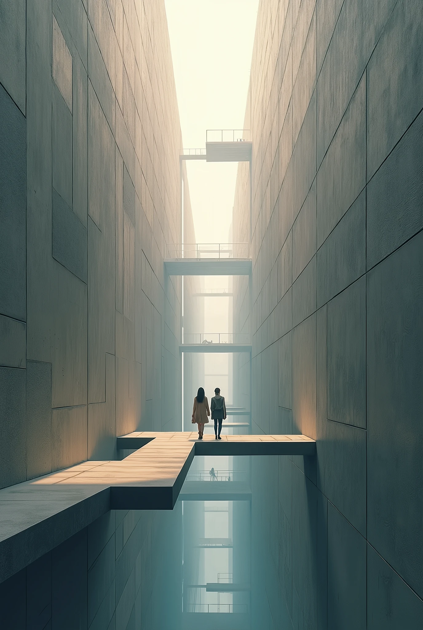 Straight walkway，The bottom is very high，Two women walking in it，At the end you will build other cubes and platforms
