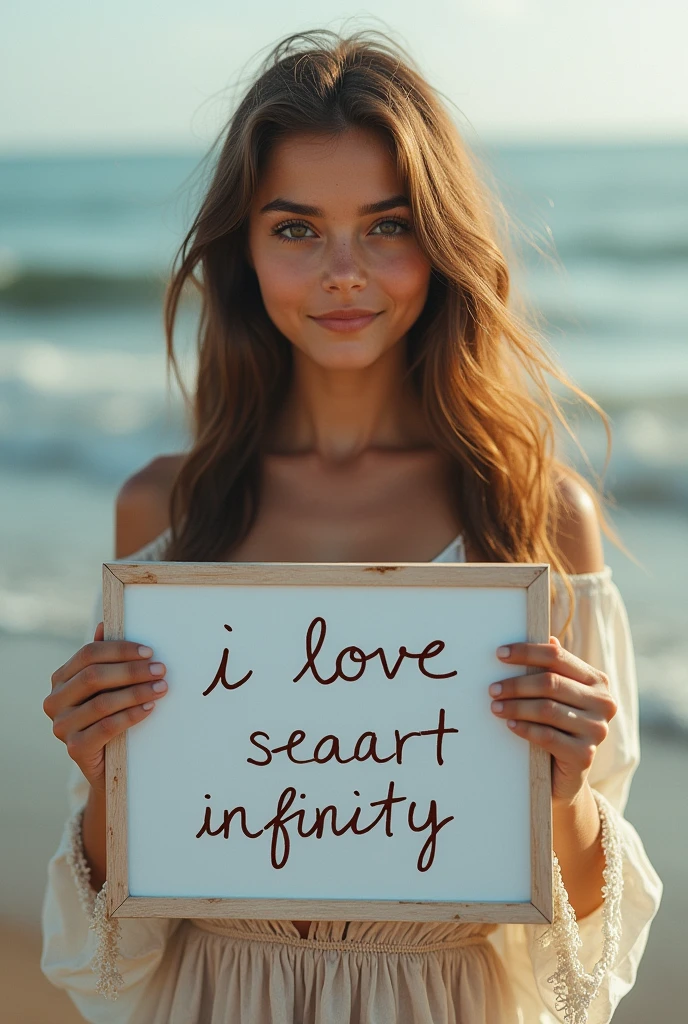 Beautiful girl with wavy long hair, bohemian dress, holding a white board with text "I Love Seaart Infinity" and showing it to the viewer