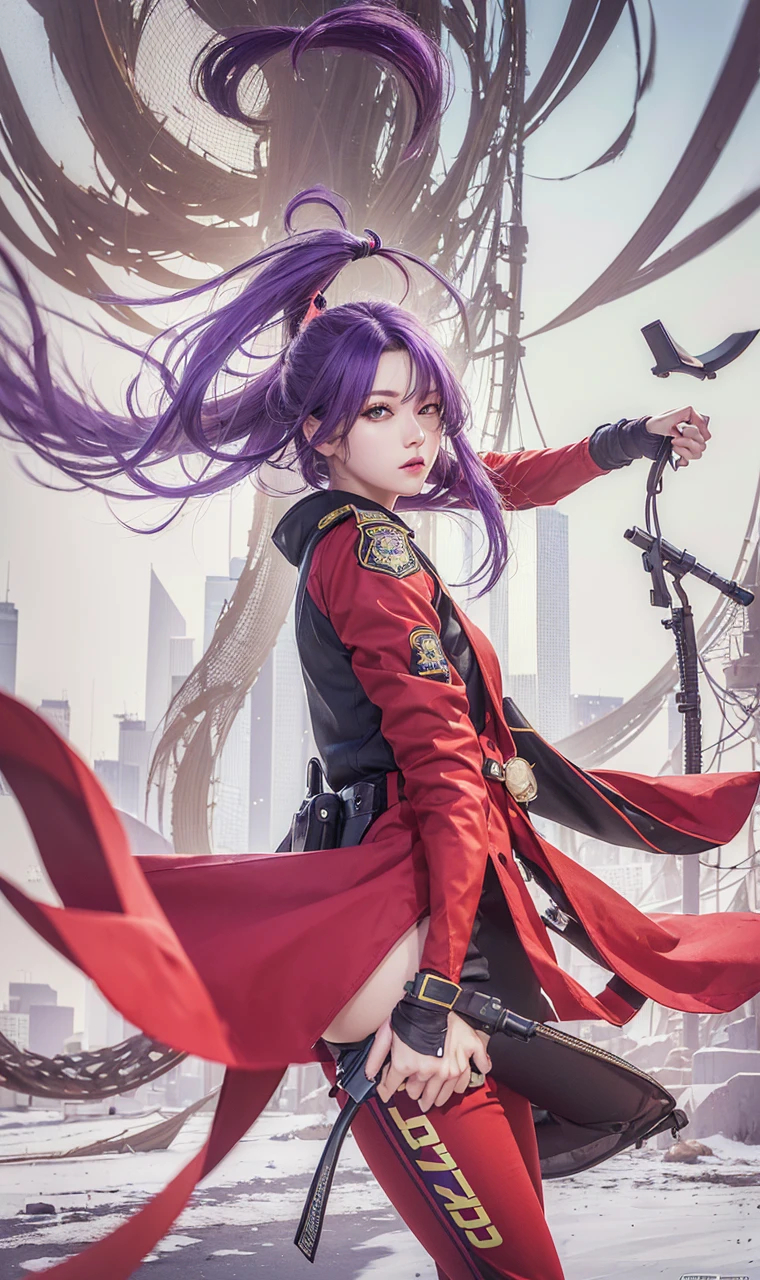 ((masterpiece)), ((Best Quality)), ((High resolution)), 1 girl, Alone, Police Officer, (pants a juego, pants), city backdrop, (holding and aiming gun, detailed gun, 22 pistol, trigger discipline), standing, medium hair, (purple hair, two tails), (green eyes),