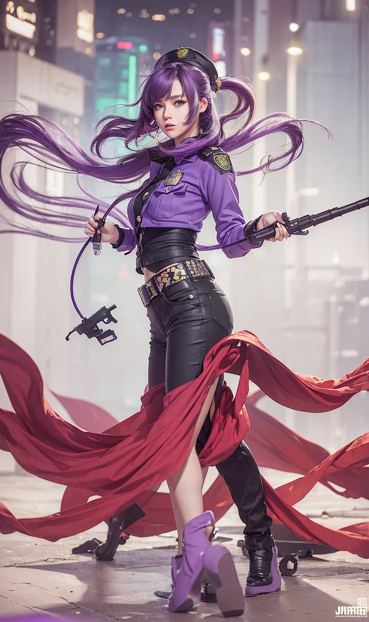 ((masterpiece)), ((Best Quality)), ((High resolution)), 1 girl, Alone, Police Officer, (pants a juego, pants), city backdrop, (holding and aiming gun, detailed gun, 22 pistol, trigger discipline), standing, medium hair, (purple hair, two tails), (green eyes),