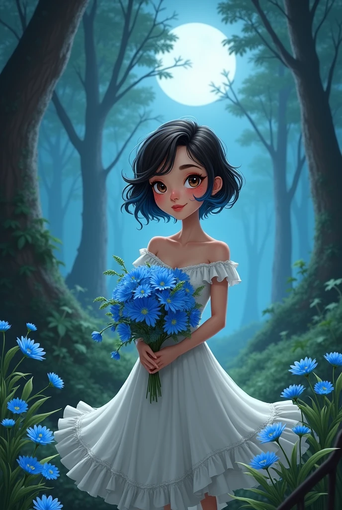 ((art animation 2D)) 20 year old woman with short wavy brown hair with dark blue dyed tips, with blue skin, Brown eyes, with good body, wearing a worn out wedding dress, holding a bouquet of blue flowers, in a forest at night