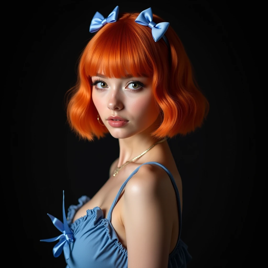 naughty sexy fashion girl, professional, portrait photography, studio light from above and backlight from behind the head, cutie (Sharp Focus:1.3), very detailed, beautiful detailed face, orange hair bob hairstyle, There are two small blue bows on her head, Beautiful eyes, as if enjoying the sound, --Detailing, whole body, a lot of femininity, Blue dress, Tempting, Dazzling, Black background
