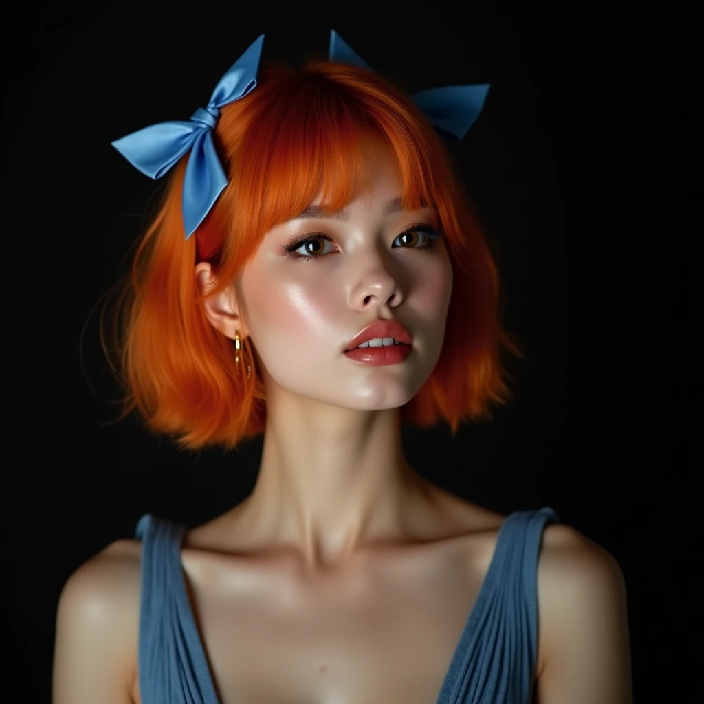 naughty sexy fashion girl, professional, portrait photography, studio light from above and backlight from behind the head, cutie (Sharp Focus:1.3), very detailed, beautiful detailed face, orange hair bob hairstyle, There are two small blue bows on her head, Beautiful eyes, as if enjoying the sound, --Detailing, whole body, a lot of femininity, Blue dress, Tempting, Dazzling, Black background