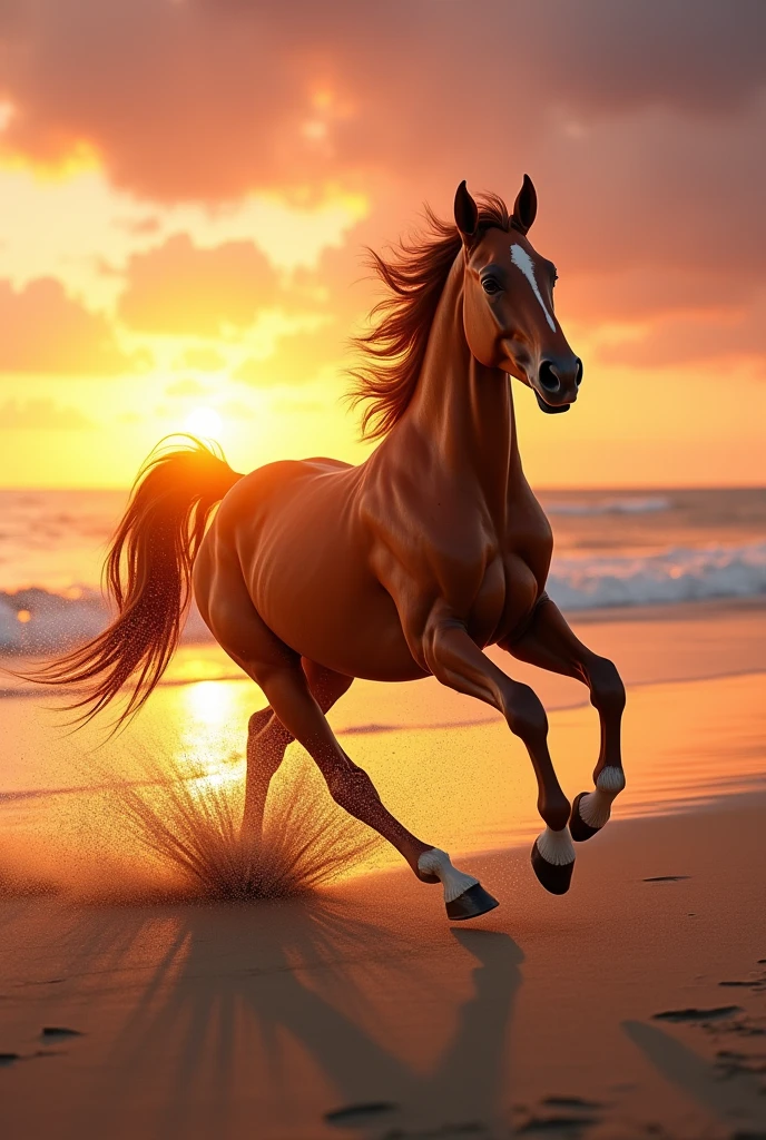 (photorealism: 1.2), photorealistic, horse galloping on the beach at sunset