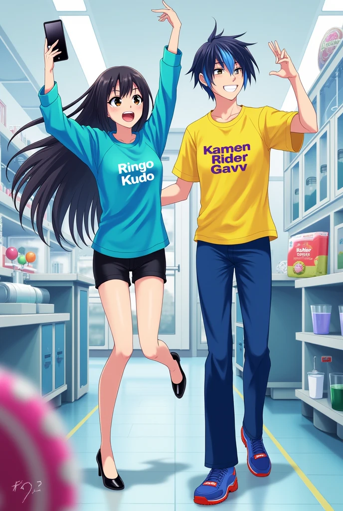 1 Japanese woman,,long black hair,Blue long-sleeved shirt with the words Ringo Kudo written on it.,black shorts,Black high heels,1 Japanese man,Age 23,Short black and blue hair,Yellow short-sleeved shirt with the words Kamen Rider Gavv written on it.,long blue pants,Blue and red shoes,Mobile phone candy,behind,Science room