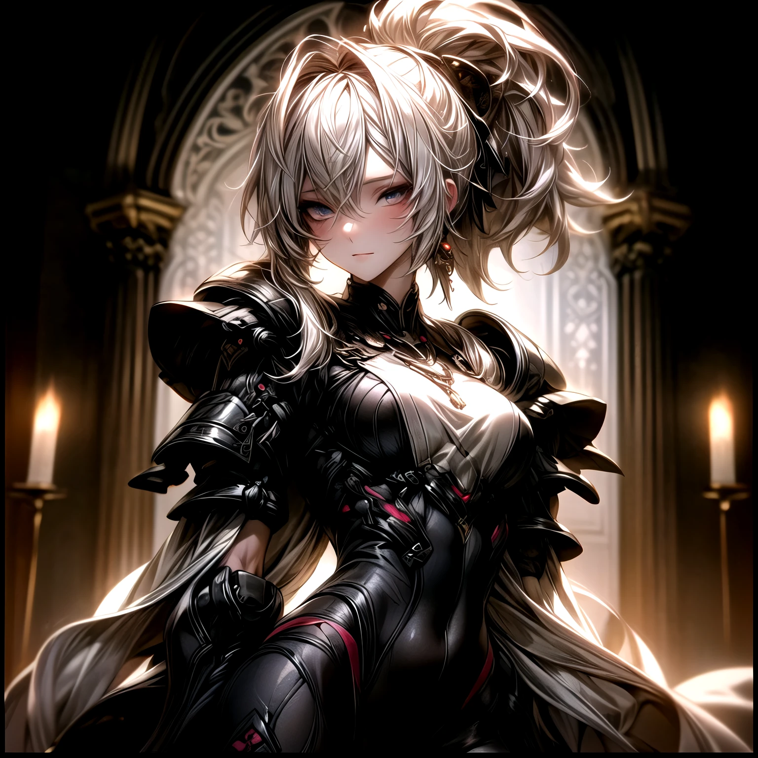 (best quality)), ((Masterpiece)), (details:1.4), 3d, HDR (high dynamic range), an image of a beautiful cyberpunk female, Hips up, Fantasy, medieval, Sleek style, Blone hair, High ponytail, beautiful White eyes, จมูกโด่ง, ปากแดง, หน้าอกใหญ่, nvidia RTX, PBR surface, After processing, Anisotropic filtration,depth of field, Maximum clarity and clarity, multi-layered surface, Subsurface scattering, perfect proportions, 8K raw files, ultra detailed, Perfect proportions, volumetric lighting, soft lighting, Holy Paladin, Heavy Armor, glossy skin, Castle background, jewely, ต่างหู, นิ้วมือสมบูรณ์,