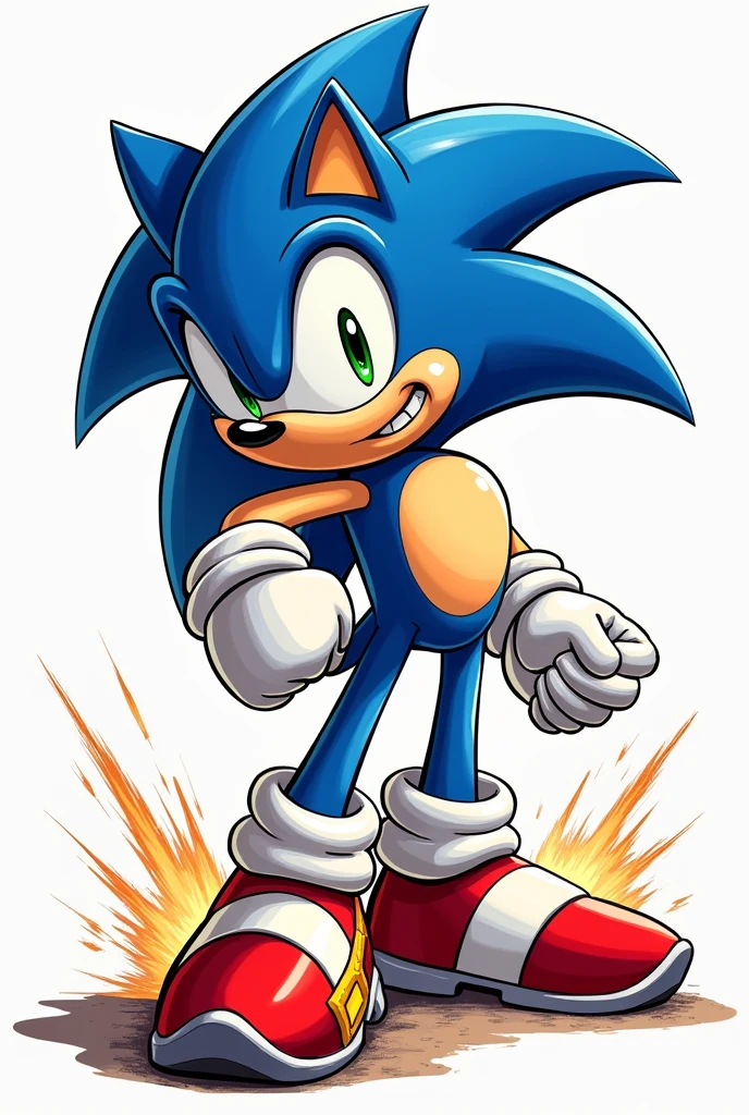 I want you to generate an image of Sonic the Hedgehog to make me a tattoo , that resembles that of IDW video games and comics , that the character is facing forward but not completely but rather a dynamic and cool angle with a cool expression , make the tallest character more dynamic and cooler
