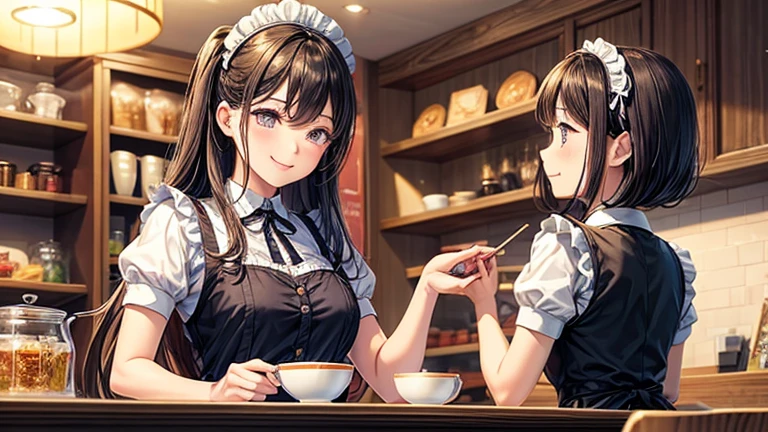 In the maid café、Please draw an illustration of a smiling woman in a maid uniform serving tea to a customer.。The woman has a gentle expression、I enjoy talking to customers。In the background、The interior of the store is depicted with counters and decorations.。