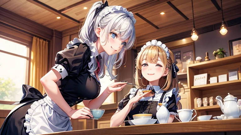 In the maid café、Please draw an illustration of a smiling woman in a maid uniform serving tea to a customer.。The woman has a gentle expression、I enjoy talking to customers。In the background、The interior of the store is depicted with counters and decorations.。
