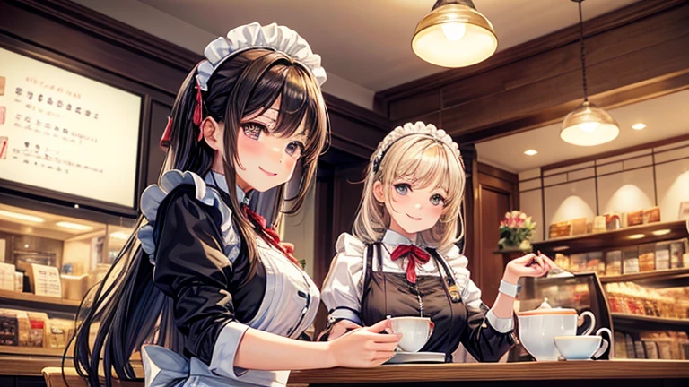 In the maid café、Please draw an illustration of a smiling woman in a maid uniform serving tea to a customer.。The woman has a gentle expression、I enjoy talking to customers。In the background、The interior of the store is depicted with counters and decorations.。
