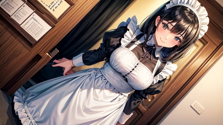 A woman in a maid outfit、Please draw an illustration of a maid welcoming customers at the entrance of a maid cafe.。The woman is bowing with the hem of her apron slightly raised.、It expresses a scene that conveys a warm atmosphere.。In the background、You can see the maid cafe logo and signs.。