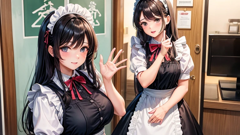 (1 solo skinny maid:1.3) standing alone in hallway, (curtsey:1.5), (both hands pinch own short skirt and lift skirt higher:1.4), tiptoe, BREAK, black short hair, black eyes, smile for viewer, BREAK, (bursting large breasts), cleavage, inconceivably narrow waist, slim hip, skinny long legs, thigh gap, BREAK, white head dress, short sleeve, (frilled too short skirt), frilled white apron, highheels, BREAK, {nsfw}