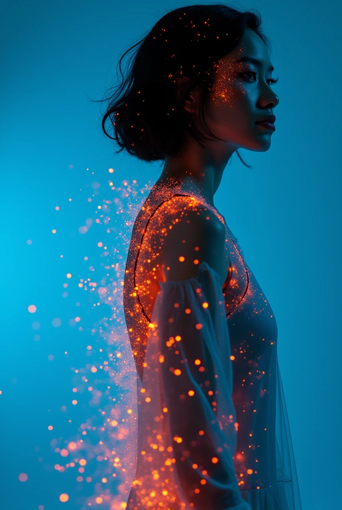 ashion editorial photography, medium shot of an asian model,Blue background,Orange contrast,Tech patterns, Dynamic silhouette, Virtual devices, Light effects and particles, Futuristic typography, Dynamic movement,Abstract geometry