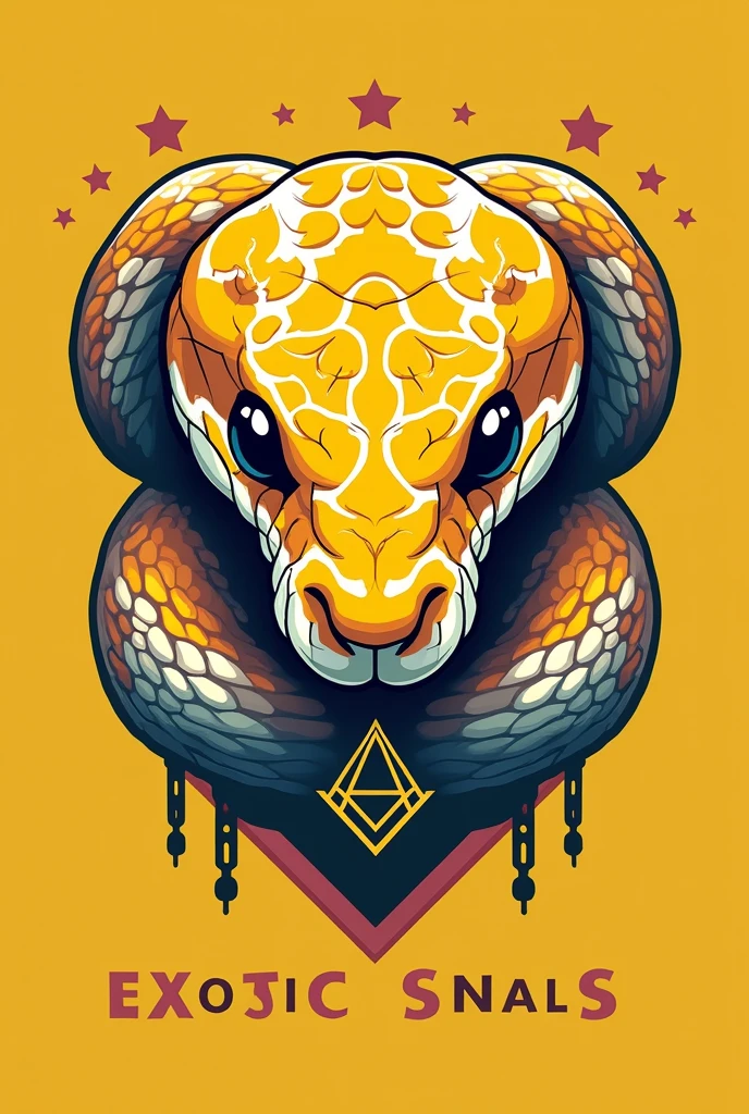 Create a logo for a snake farm using the real face of a yellow and white python with the basic elements of a python's face looking at the horizon, The logo must have bright colors and an allusion to Freemasonry. The python snake must be characteristic and below the logo put the name. " Exotic scales"