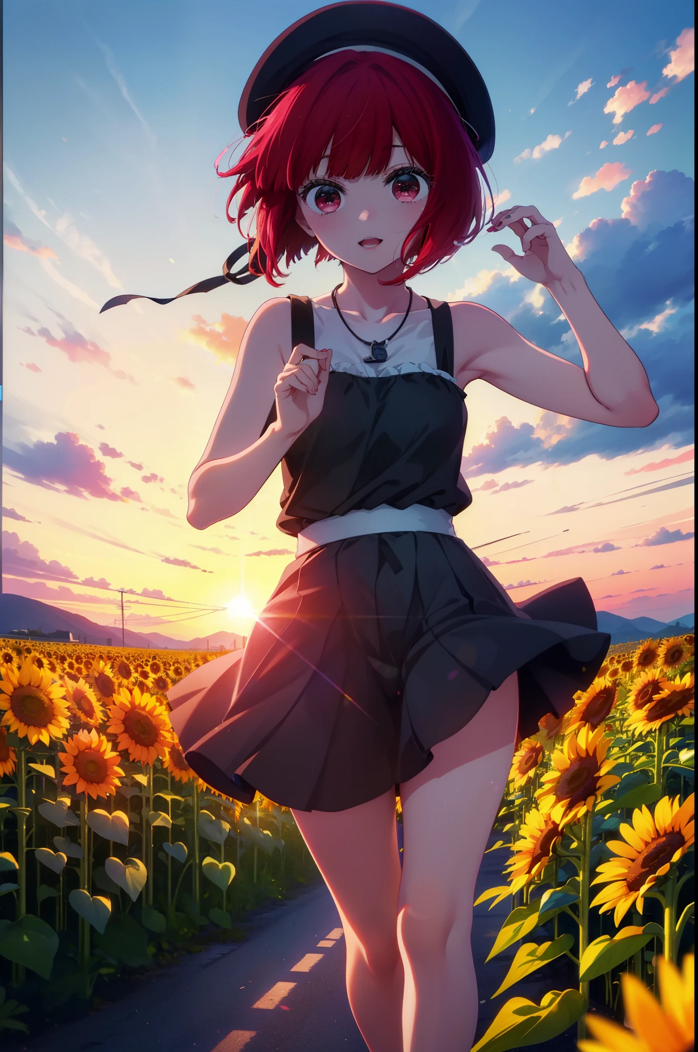 canary, Arima etc., short hair, bangs, (Red eyes:1.3), Redhead, Bobcut, smile,Open your mouth,Tank top,mini skirt,Cute heeled sandals,Heart Necklace,Are standing,Daytime,Clear skies,True Summer,Beret with ribbon,whole bodyがイラストに入るように,
break outdoors,Sunflower field,
break looking at viewer, whole body,
break (masterpiece:1.2), Highest quality, High resolution, unity 8k wallpaper, (figure:0.8), (Beautiful attention to detail:1.6), Highly detailed face, Perfect lighting, Highly detailed CG, (Perfect hands, Perfect Anatomy),