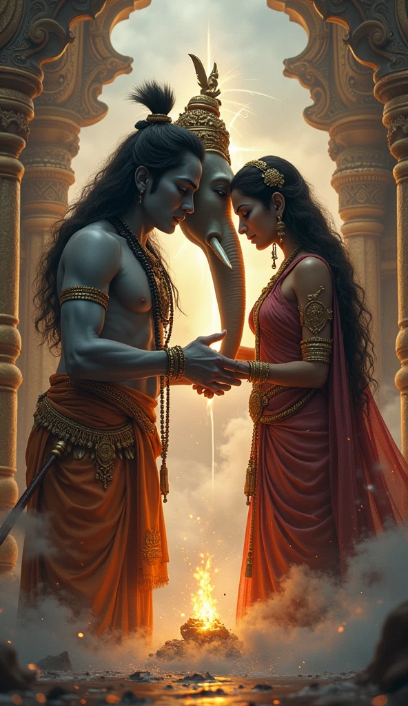 “Revival of Ganesh”: Lord Shiva placing an elephant’s head onto Ganesh’s body, with Devi Parvati’s tears and Shiva’s compassionate expression visible.
