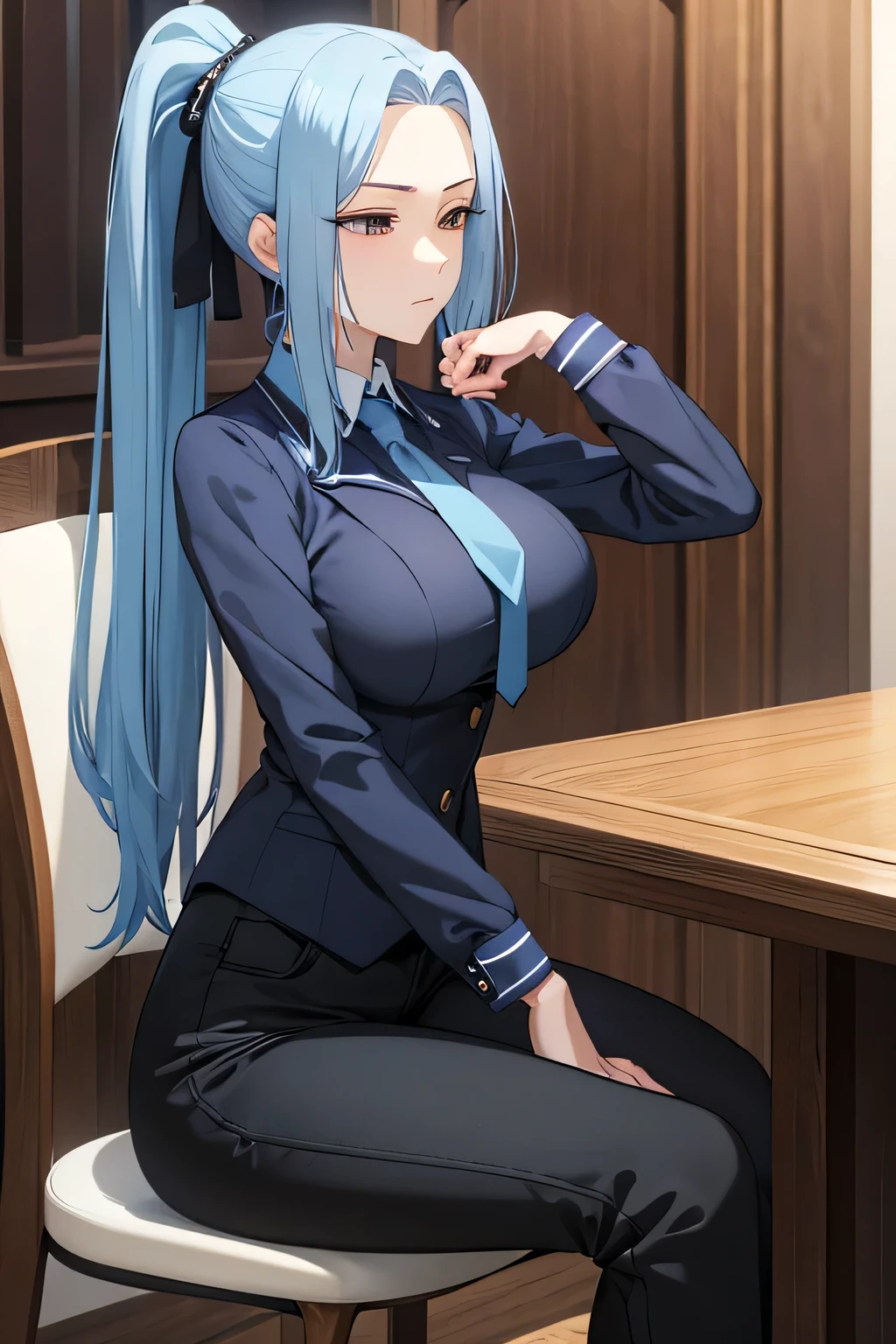 (masterpiece) (Highest quality) Meimei, skin-tight clothes, wavy bone structure, big breasts, blue tie, blue hair, black clothes, black pants, ponytail, center parting, sitting on a chair, legs crossed, older sister, 2, sadistic face, sexy body that can be seen through the clothes