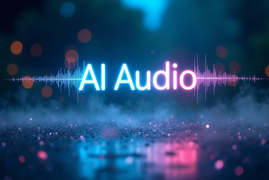 Poster font，The word &quot;AI Audio&quot; is floating in the air，Sound wave graphics，Surreal scene，front，Luminescence