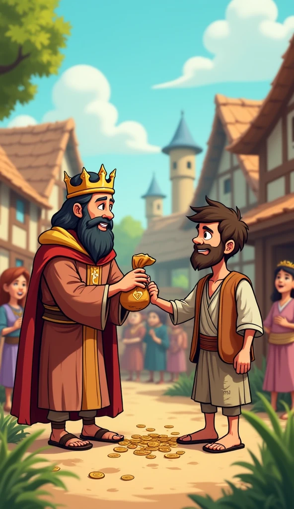 King give bag of coins a poor man wearing rags clothes villagers see and they happy with poor man and the poor man making his own short home and he is honest and he helping other people of villagers cartoon animation 