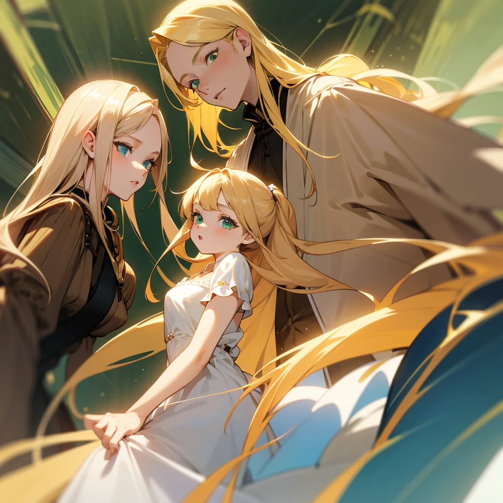 Royal Family with Father with blond hair and green eyes, mother long light brown hair and blue eyes, first child blonde hair and green eyes, second son blonde hair and honey eyes, third daughter long blonde hair and green eyes, fourth daughter long blonde hair and blue eyes and fifth son light brown hair and blue eyes.