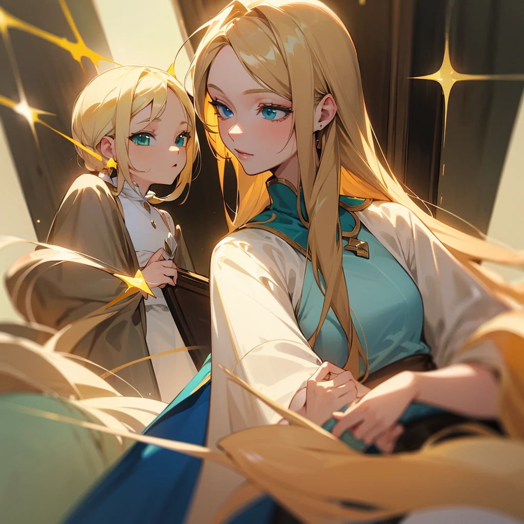 Royal Family with Father with blond hair and green eyes, mother long light brown hair and blue eyes, first child blonde hair and green eyes, second son blonde hair and honey eyes, third daughter long blonde hair and green eyes, fourth daughter long blonde hair and blue eyes and fifth son light brown hair and blue eyes.